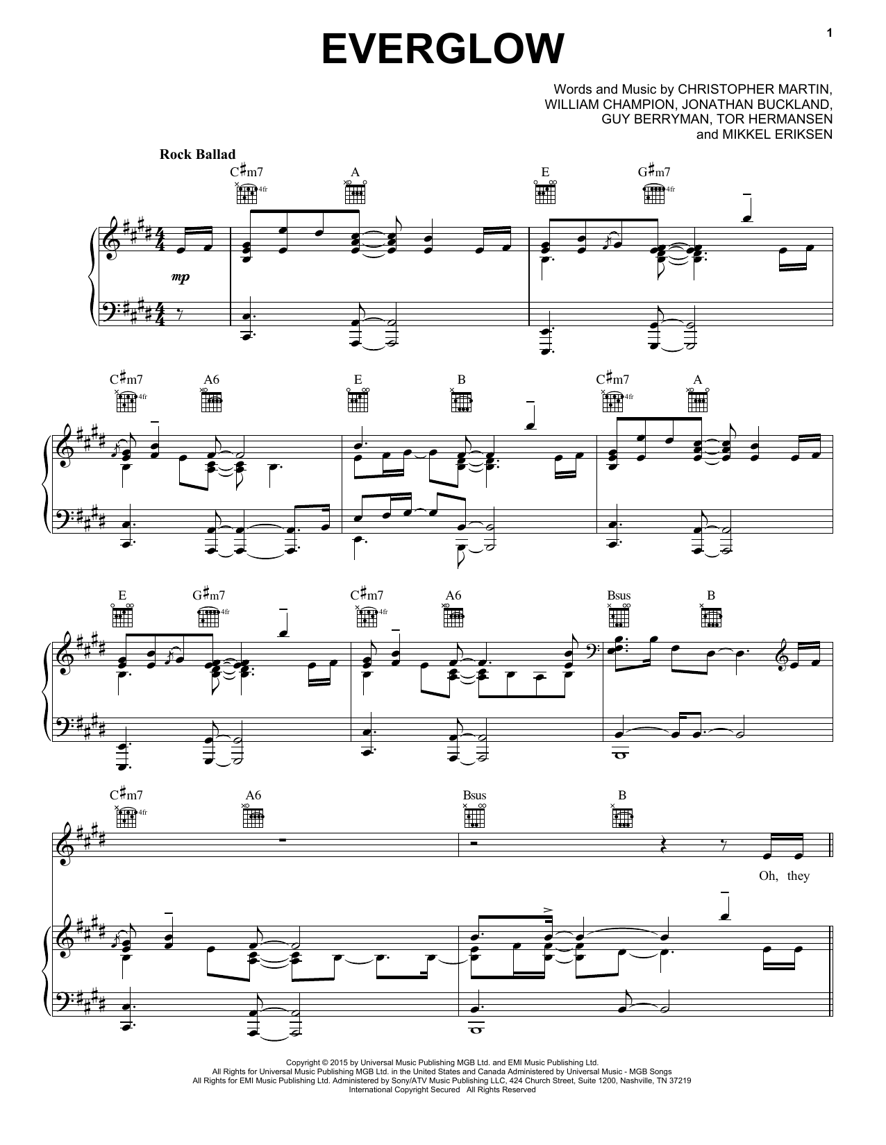 Everglow By Coldplay Free Sheet Music