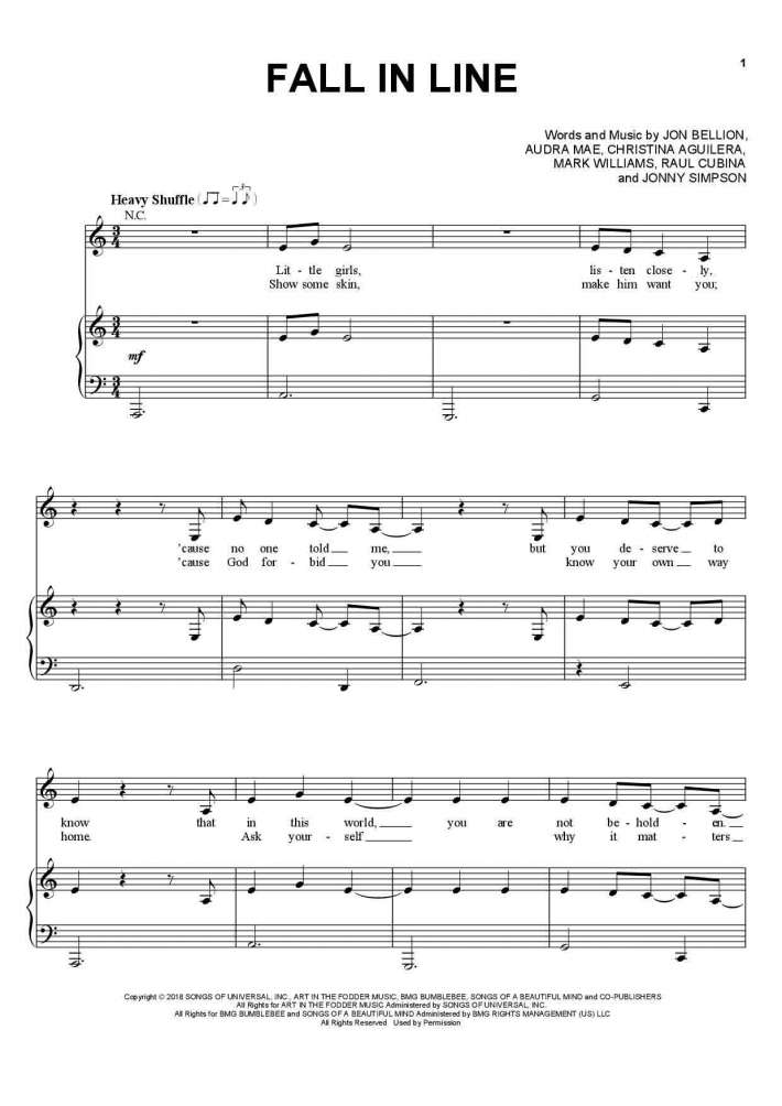 Fall In Line By Christina Aguilera Feat. Demi Lovato Free Sheet Music