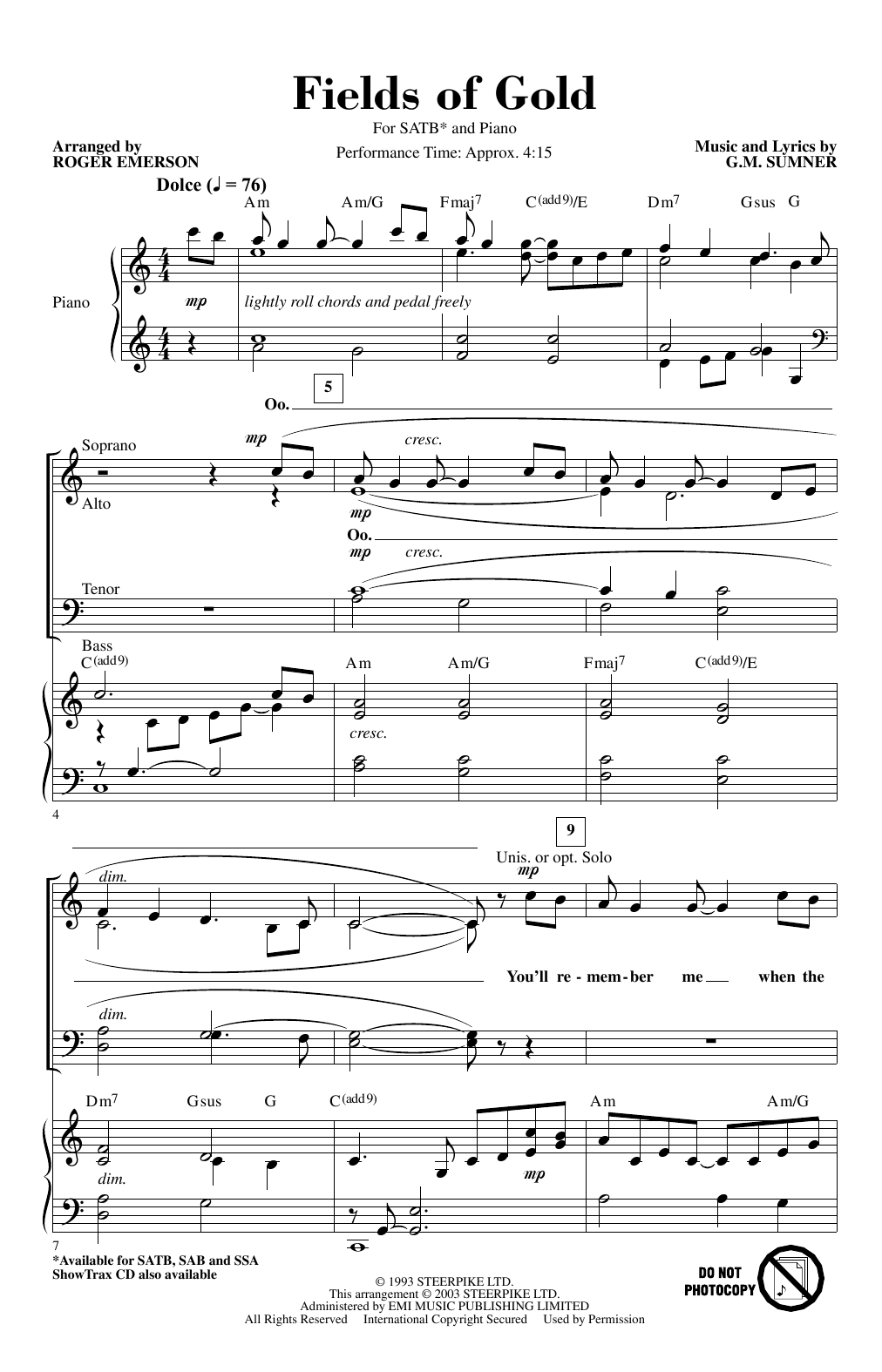 Fields Of Gold (arr. Roger Emerson) By Sting Free Sheet Music