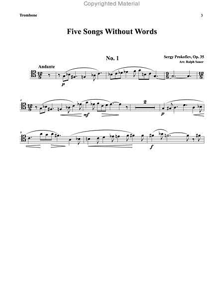 Five Songs Without Words For Trombone & Piano, Op. 35 By S. Prokofiev Free Sheet Music