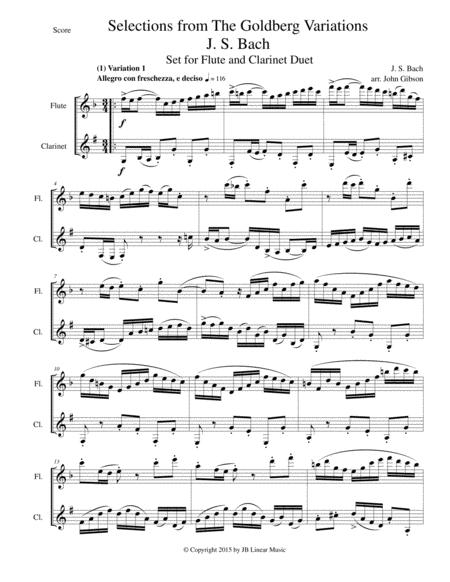 Flute And Clarinet Duet - Selections From Bach's Goldberg Variations By Johann Sebastian Bach Free Sheet Music