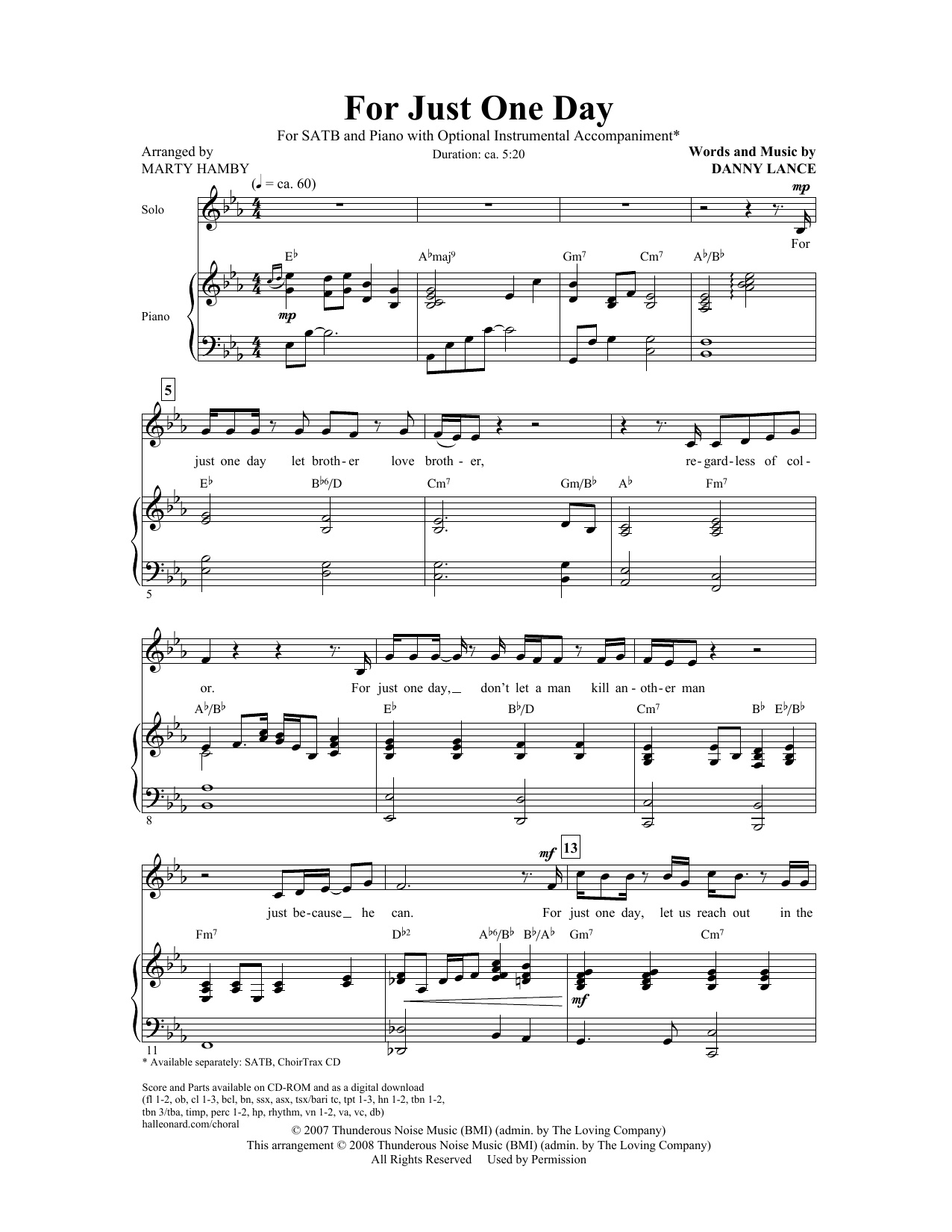 For Just One Day By Danny Lance Free Sheet Music