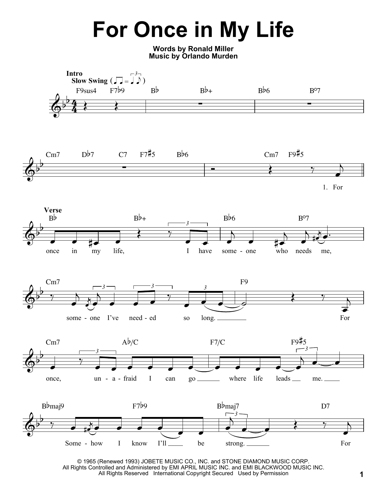 For Once In My Life By Stevie Wonder Free Sheet Music