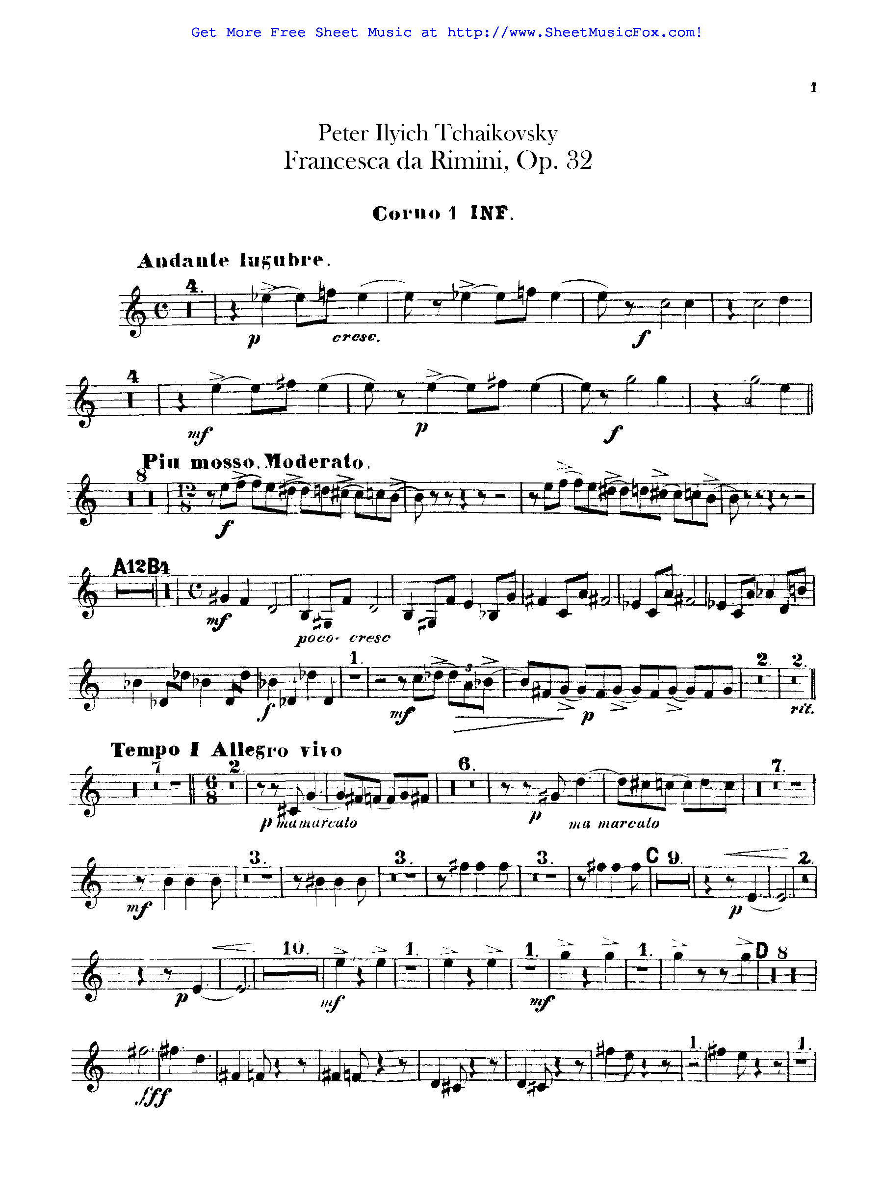 Francesca Da Rimini, Op.32 By Peter Ilich Tchaikovsky Free Sheet Music