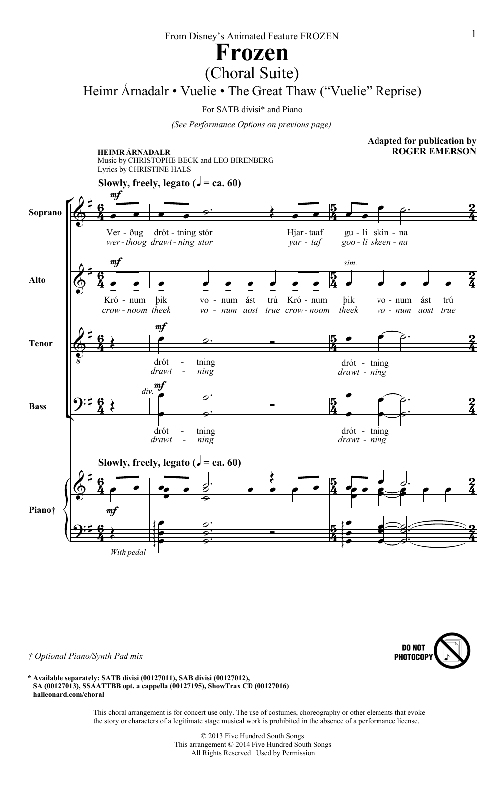 Frozen (Choral Suite) By Roger Emerson Free Sheet Music