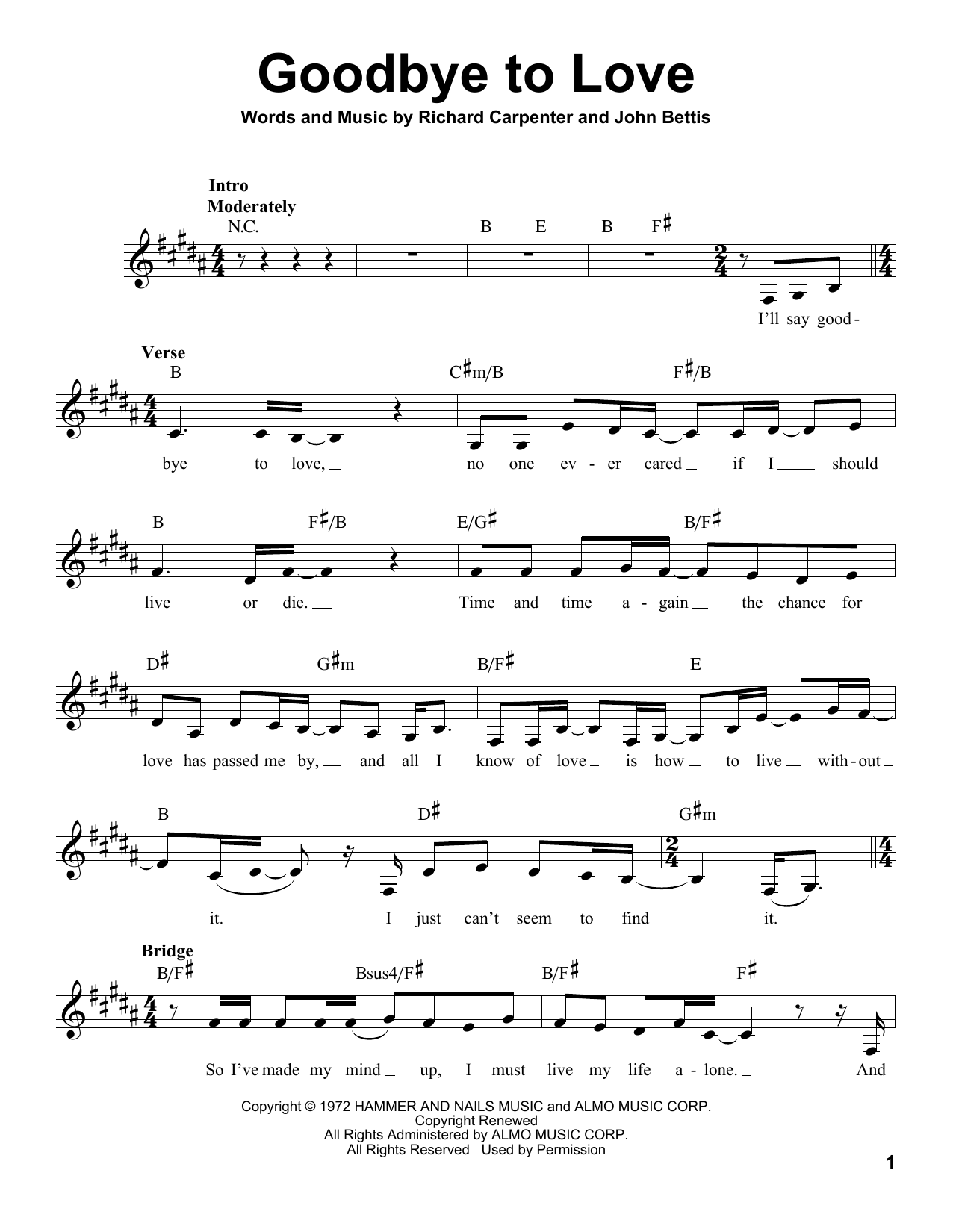 Goodbye To Love By The Carpenters Free Sheet Music