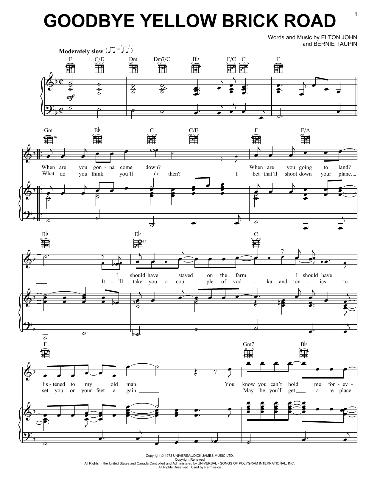 Goodbye Yellow Brick Road By Elton John Free Sheet Music