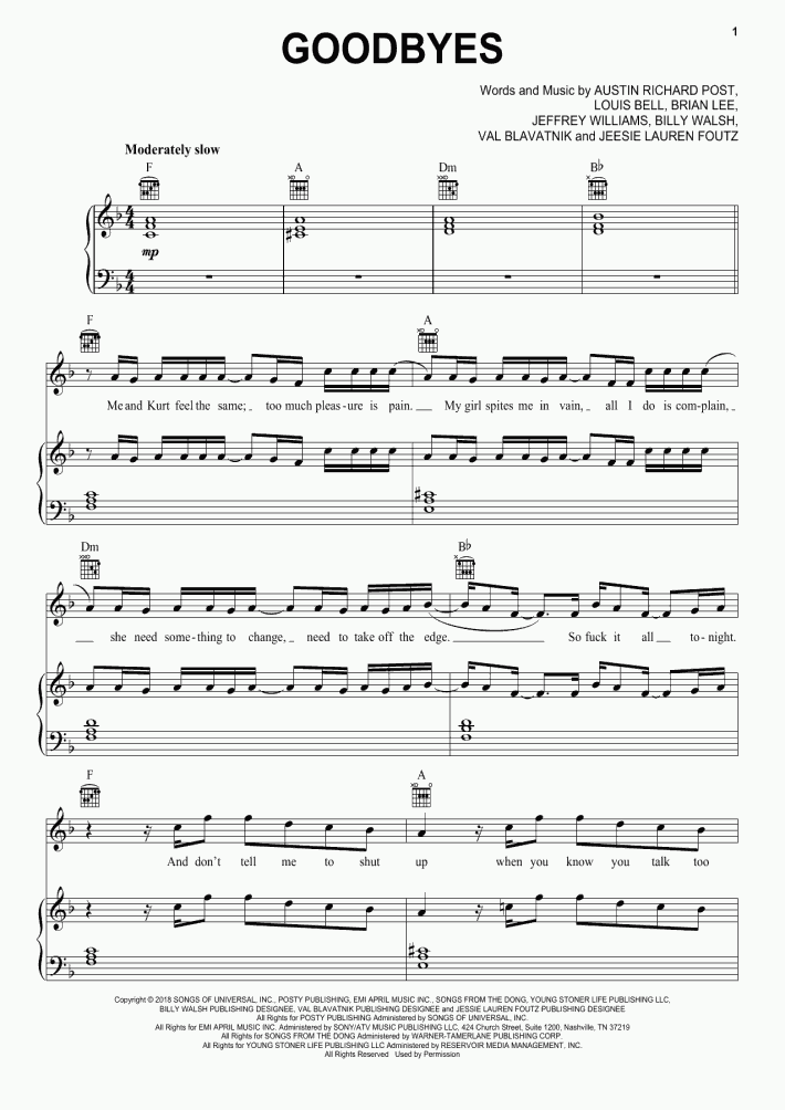 Goodbyes By Post Malone Free Sheet Music