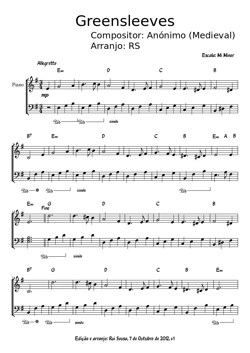 Greensleeves - English Traditional Folk Song Arr. For Piano Quartet (score And Parts) By Traditional Free Sheet Music