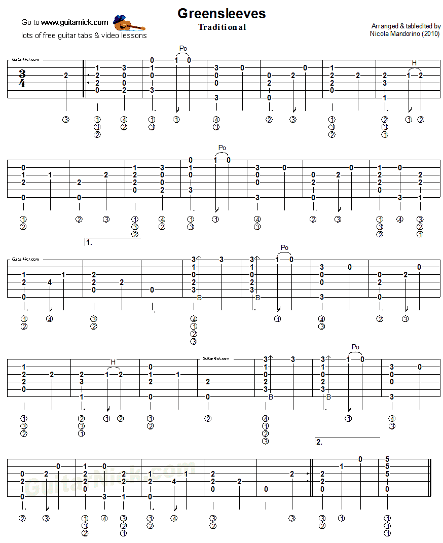 Greensleeves  - Theme And Variations - Fingerstyle (Solo Guitar) By Richard Jones Free Sheet Music