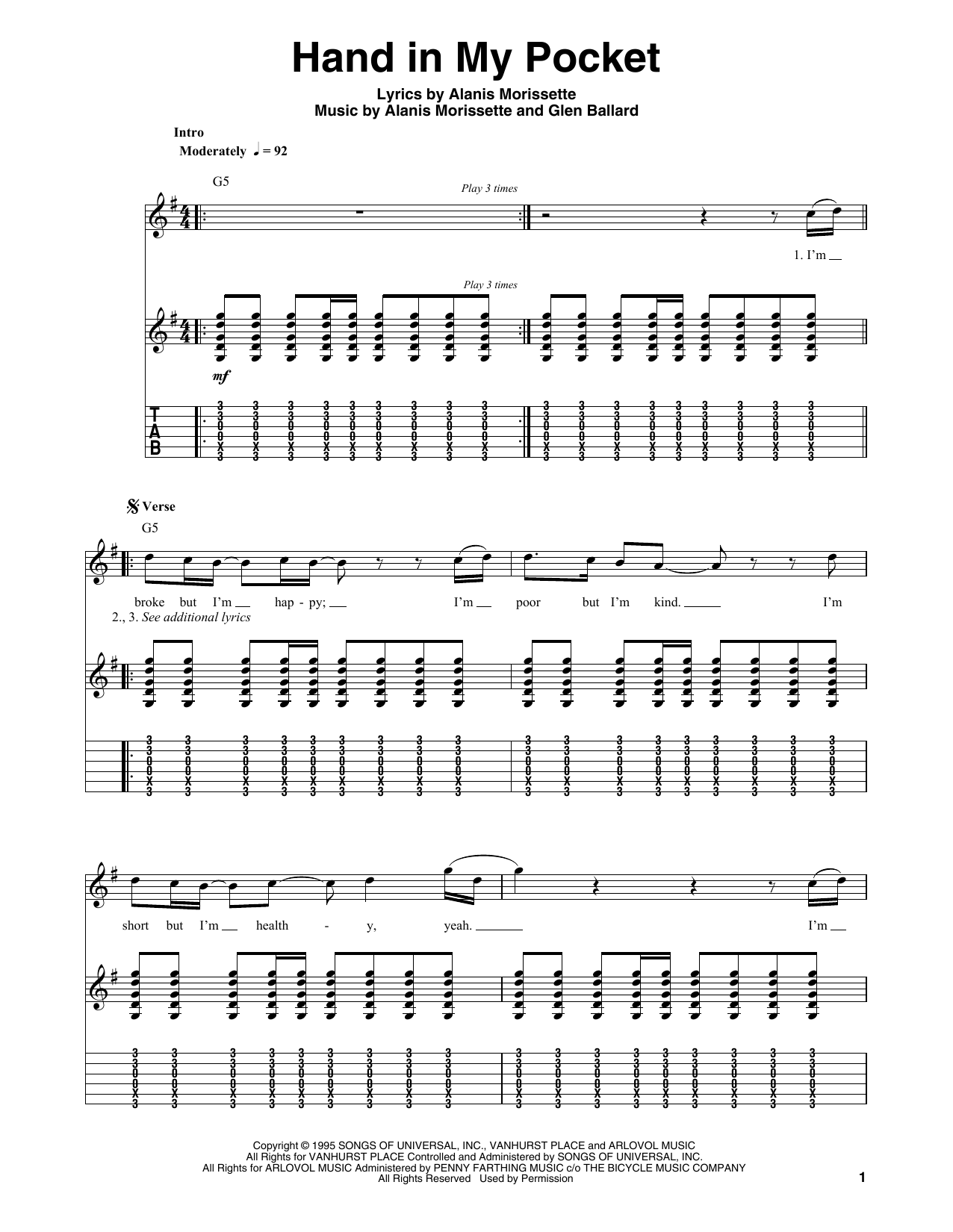 Hand In My Pocket By Alanis Morissette Free Sheet Music