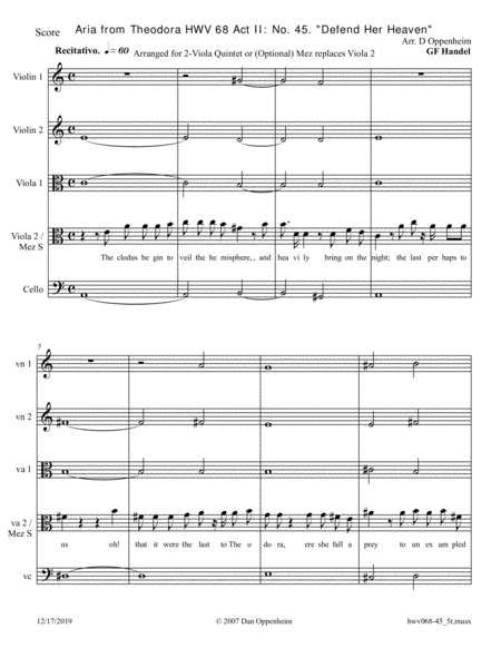 Handel: Aria From Theodora HWV 68 Act II (No. 45) Defend Her Heaven. Arranged For 2-Viola Quintet By Johann Sebastian Bach Free Sheet Music