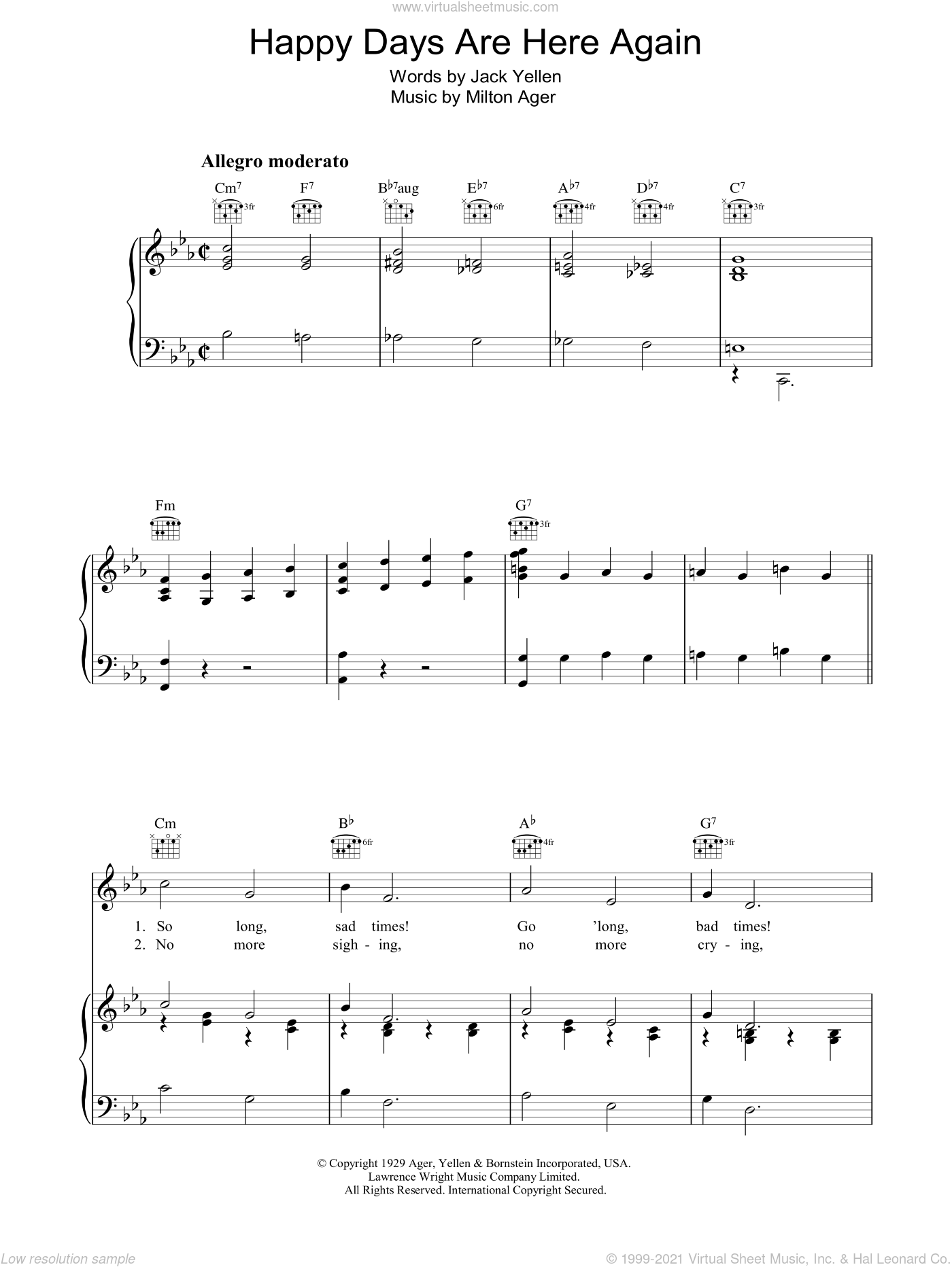 Happy Days Are Here Again By Jack Yellen Free Sheet Music