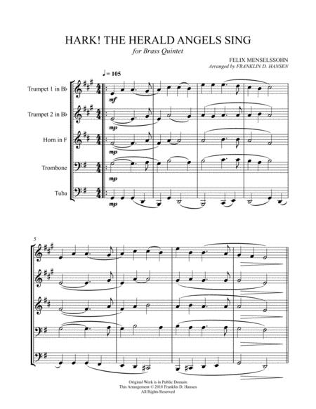 Hark The Herald Angels Sing For Brass Quintet By Public Domain Free Sheet Music