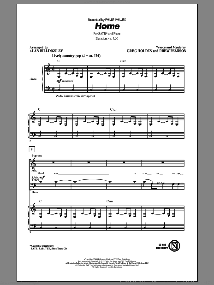 Home (arr. Alan Billingsley) By Phillip Phillips Free Sheet Music