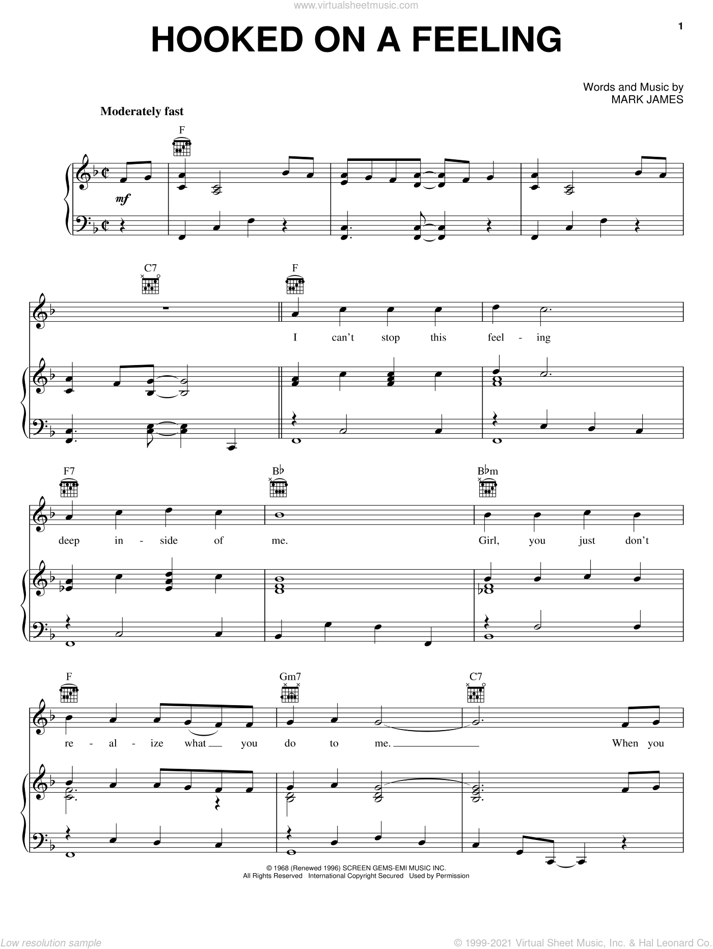 Hooked On A Feeling By B.J. Thomas Free Sheet Music