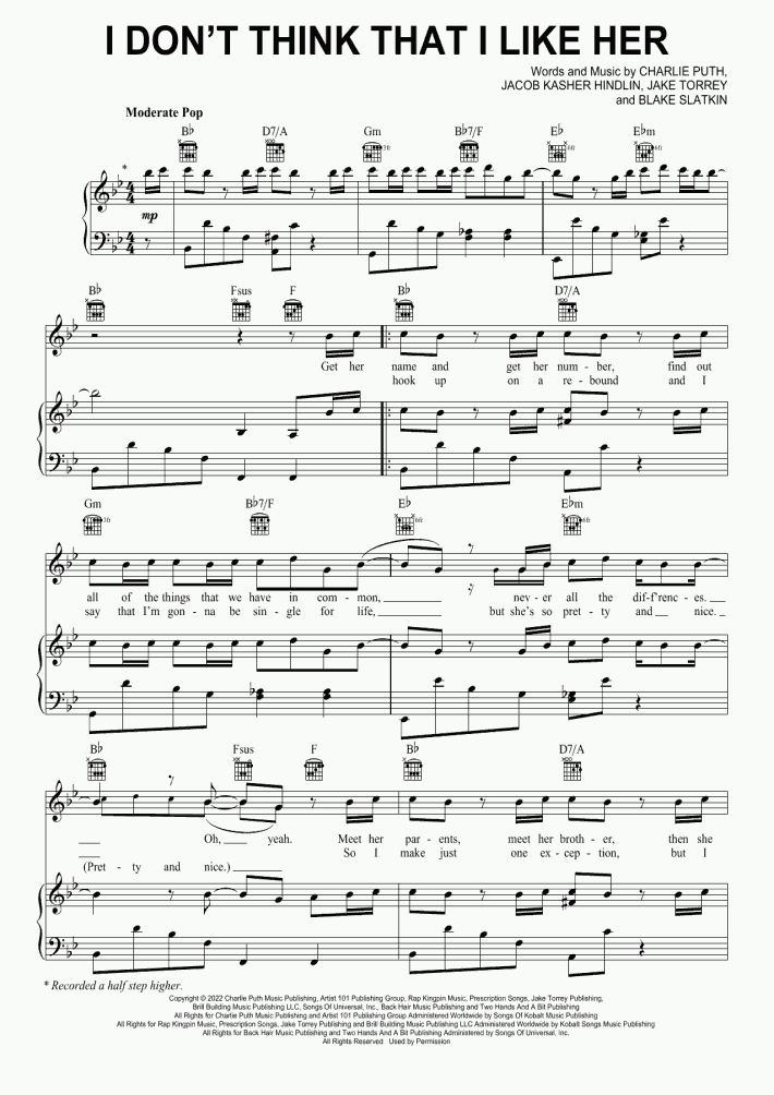 I Don't Think That I Like Her By Charlie Puth Free Sheet Music