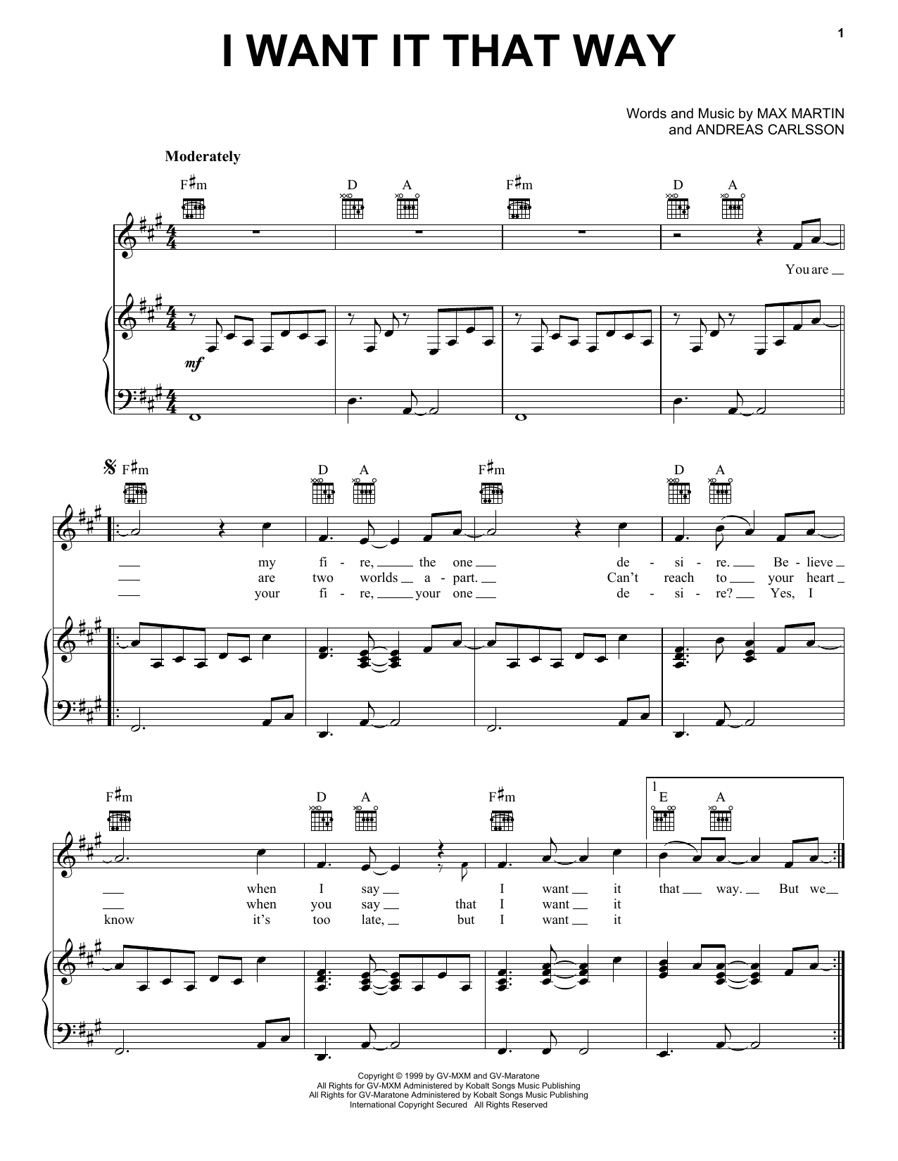 I Want It That Way By The Backstreet Boys Free Sheet Music