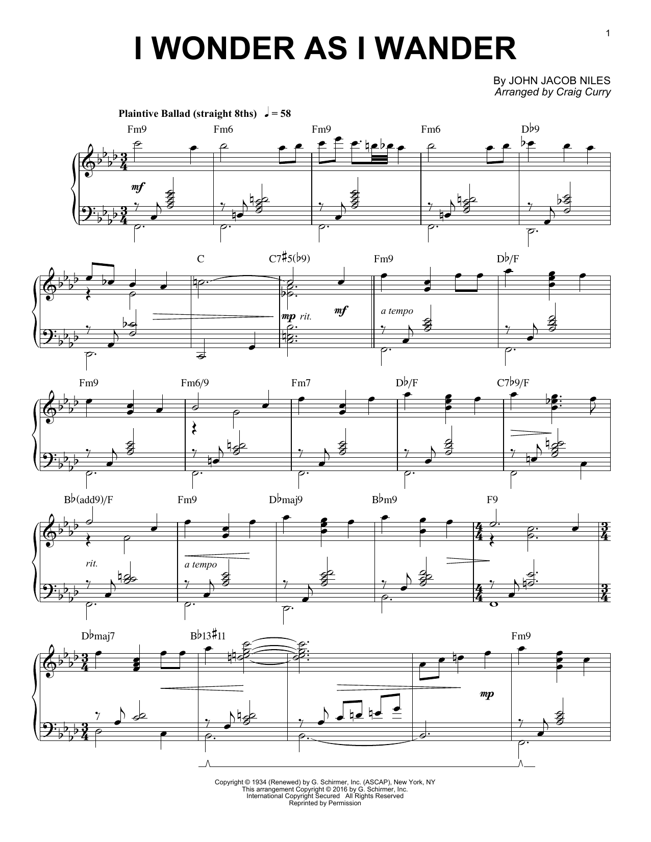 I Wonder As I Wander, Piano Solo By Christine Brown Free Sheet Music