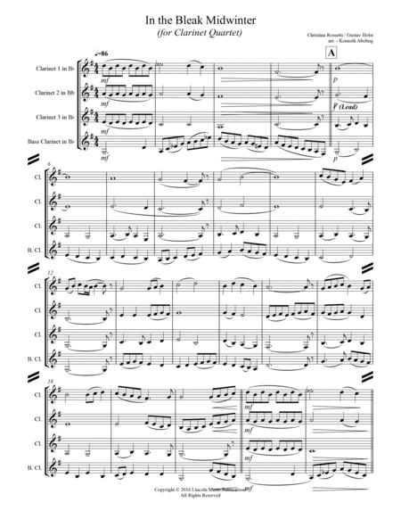 In The Bleak Midwinter (for Clarinet Quartet) By Christina Rossetti & Gustav Holst Free Sheet Music