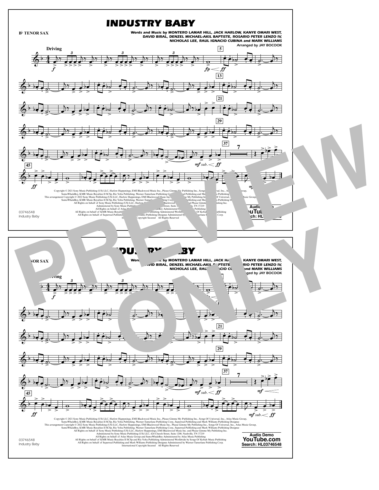 Industry Baby (arr. Jay Bocook) - Bb Tenor Sax By Lil Nas X & Jack Harlow Free Sheet Music