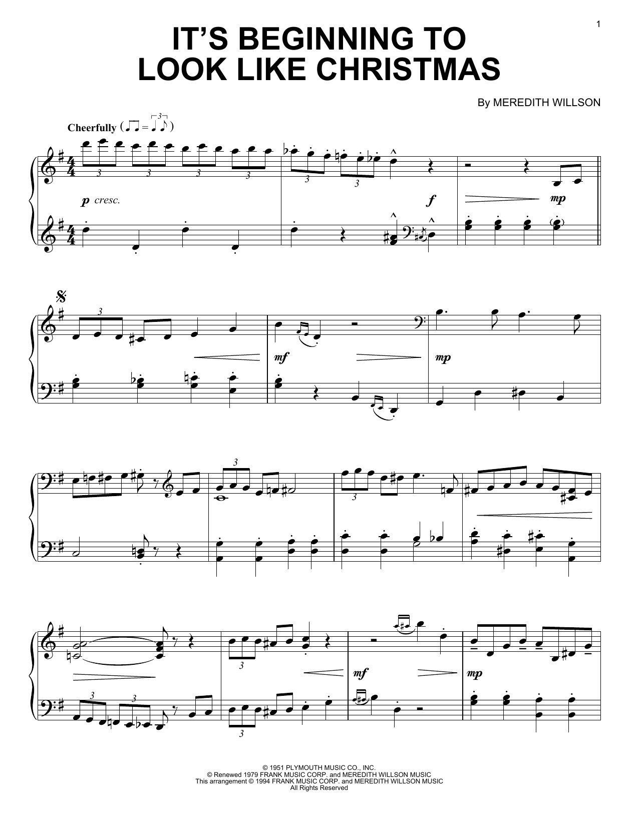 It's Beginning To Look Like Christmas By Meredith Willson Free Sheet Music