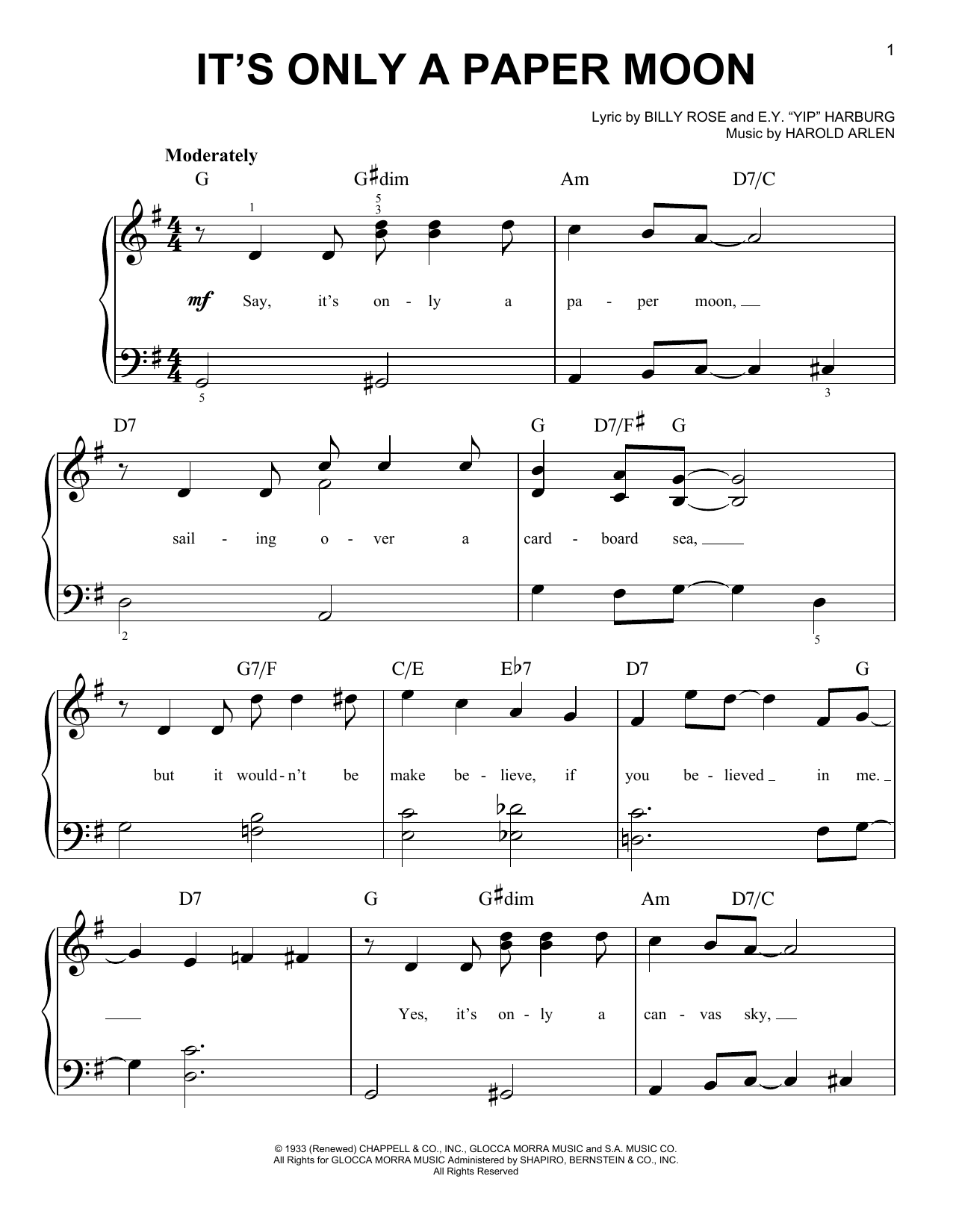 It's Only A Paper Moon By Harold Arlen Free Sheet Music