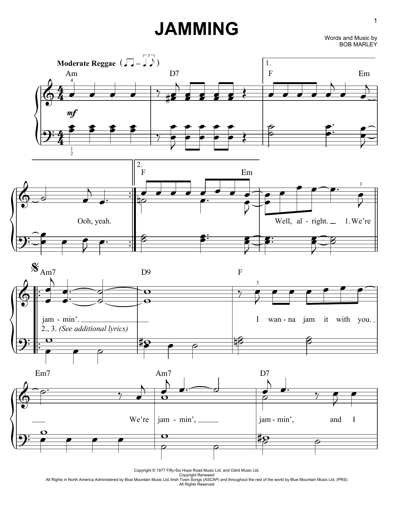 Jamming By Bob Marley Free Sheet Music