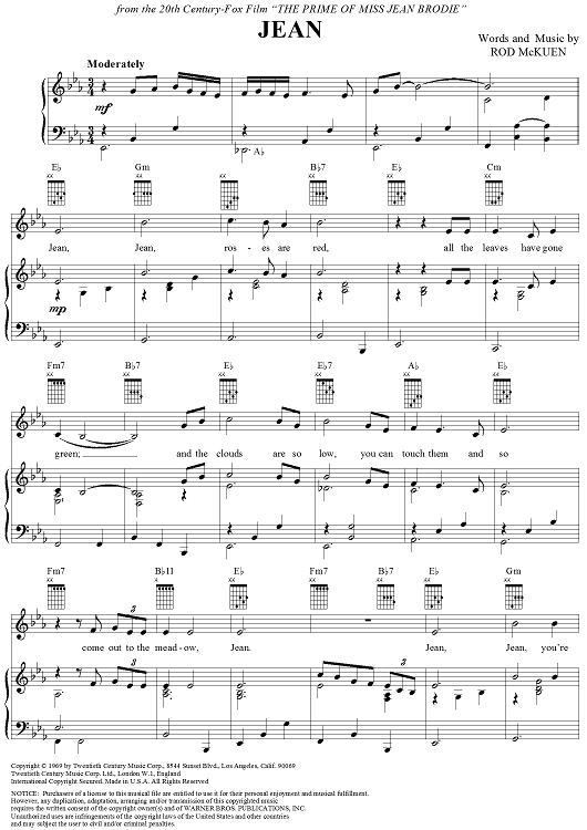 Jean By Stephen Oliver Free Sheet Music