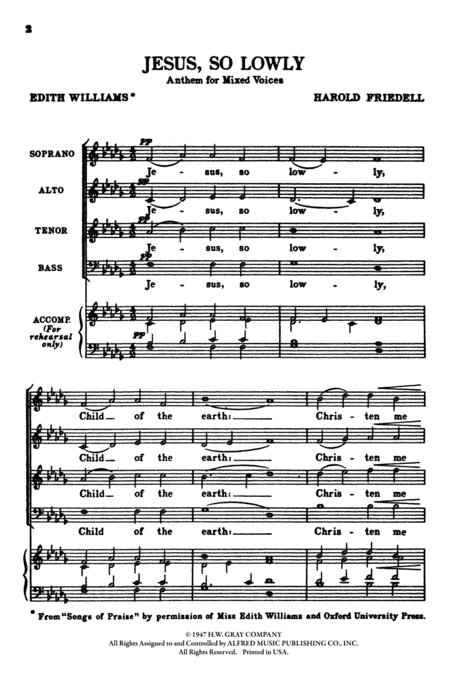 Jesus, So Lowly By Harold Friedell Free Sheet Music