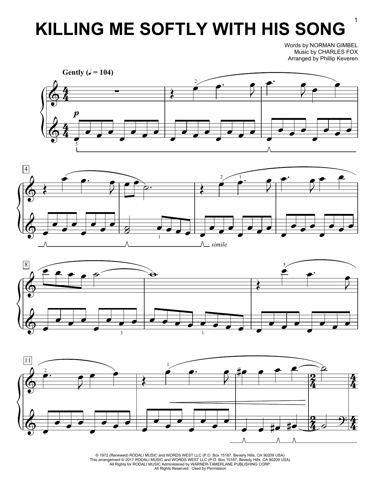 Killing Me Softly With His Song By Roberta Flack Free Sheet Music