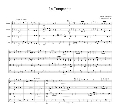 La Cumparsita (Tango) (for String Quartet) By Gerardo Matos Rodriguez Free Sheet Music