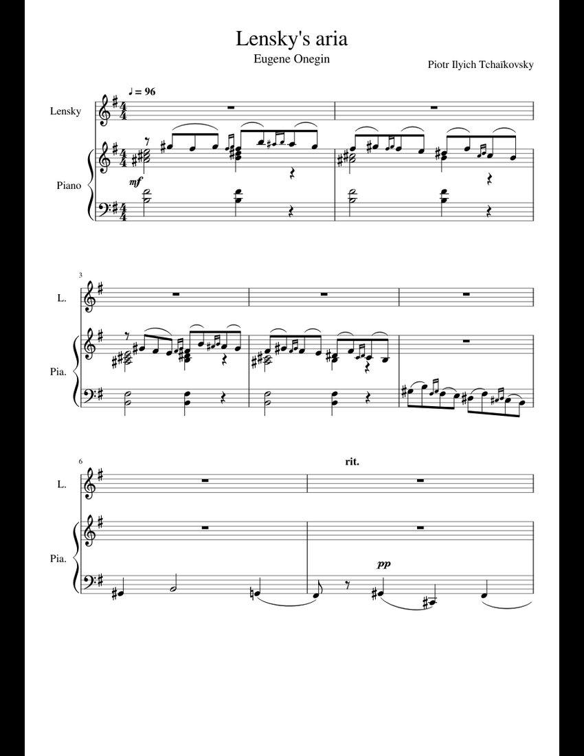 Lensky Aria From 'Eugene Onegin' For Flute And Piano By Peter Ilyich Tchaikovsky Free Sheet Music