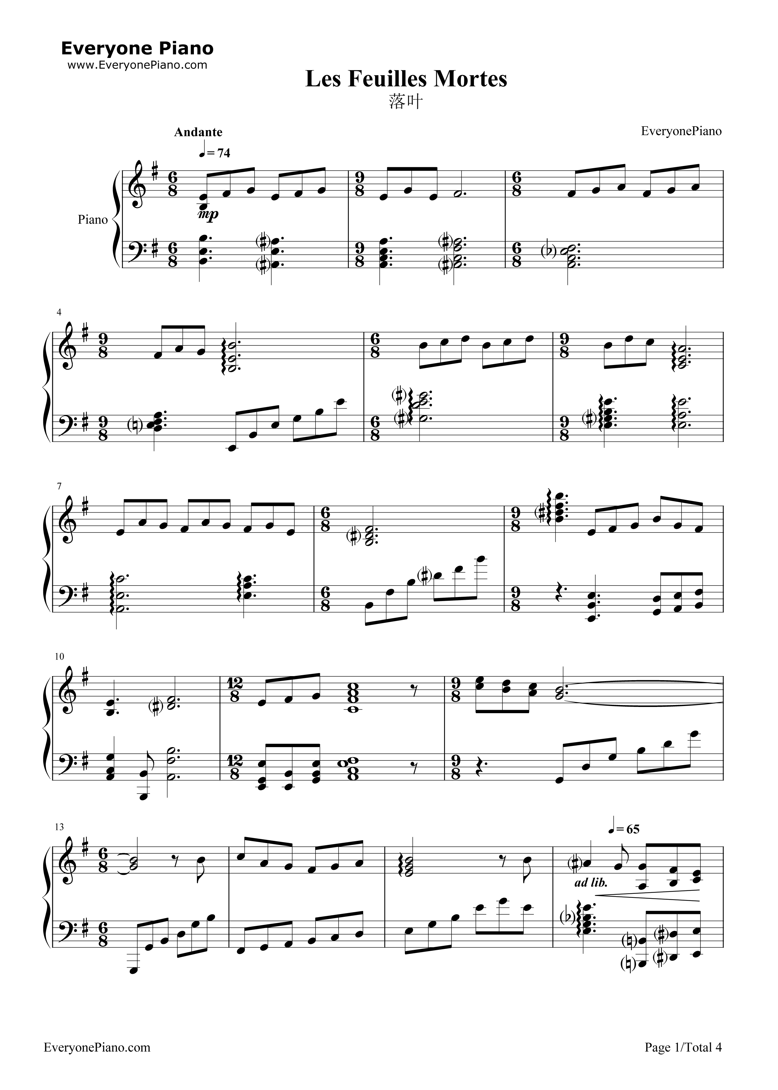 Les Feuille Mortes By Toru Takemitsu Free Sheet Music