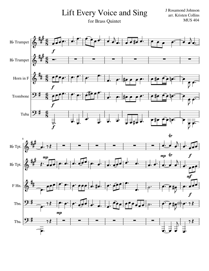 Lift Every Voice And Sing (for Brass Quintet) By James & John Johnson? Free Sheet Music