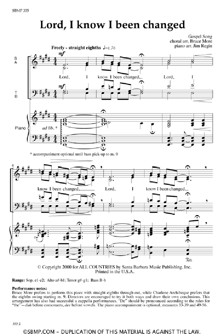 Lord, I Know I Been Changed By Larry Shackley Free Sheet Music