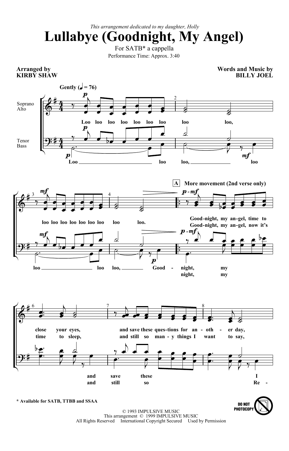 Lullabye (Goodnight, My Angel) (arr. Kirby Shaw) By Billy Joel Free Sheet Music