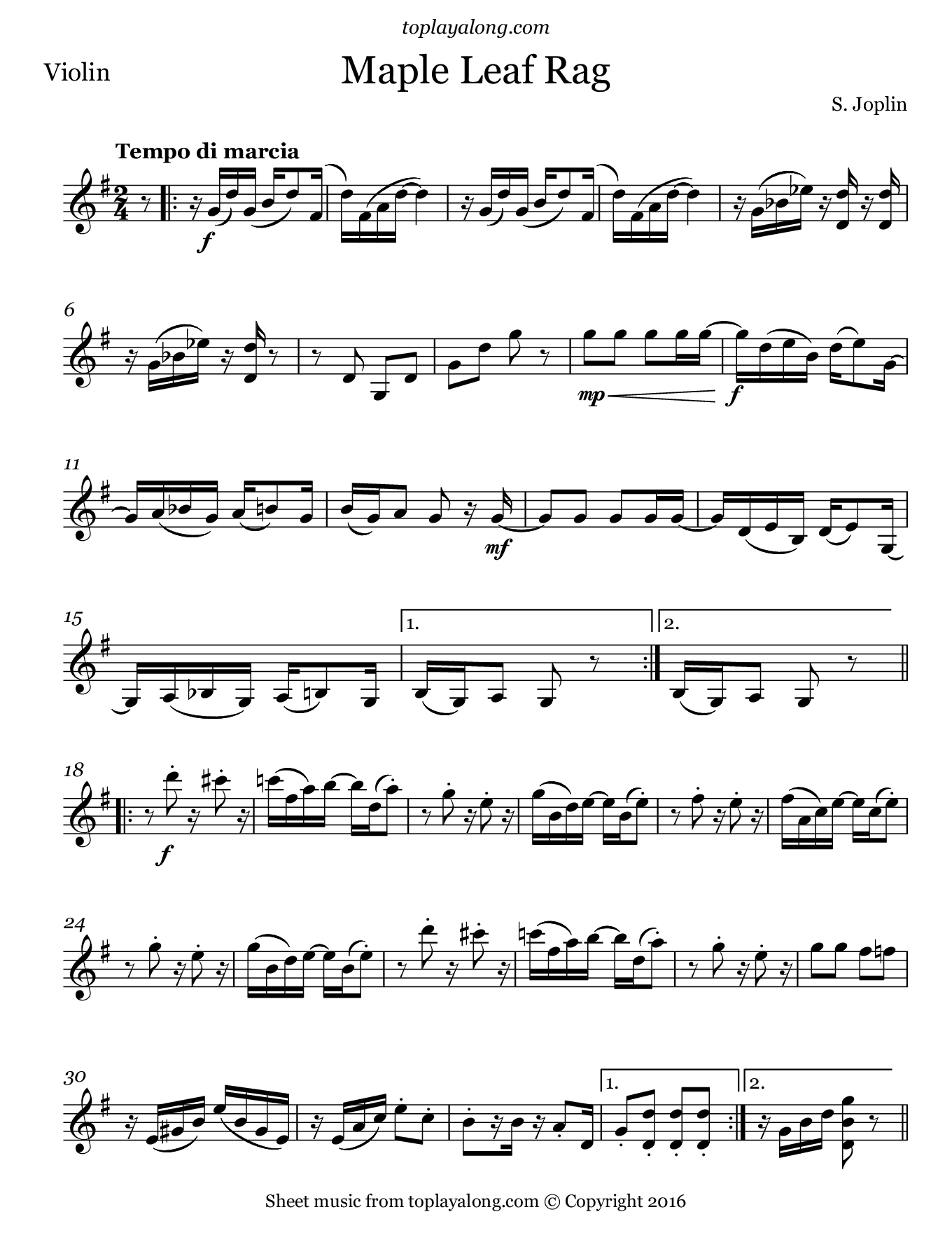 Maple Leaf Rag By Scott Joplin Free Sheet Music