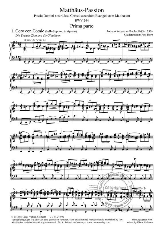 Matthaus-Passion BWV 244 By Johann Sebastian Bach Free Sheet Music