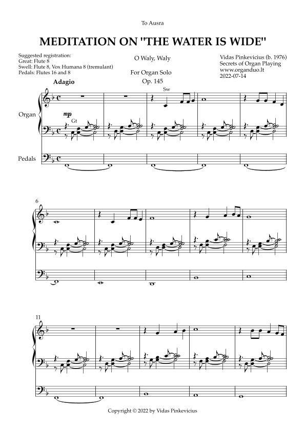 Meditation On The Water Is Wide, Op. 145 (Organ Solo) By Vidas Pinkevicius (2022) By Vidas Pinkevicius Free Sheet Music