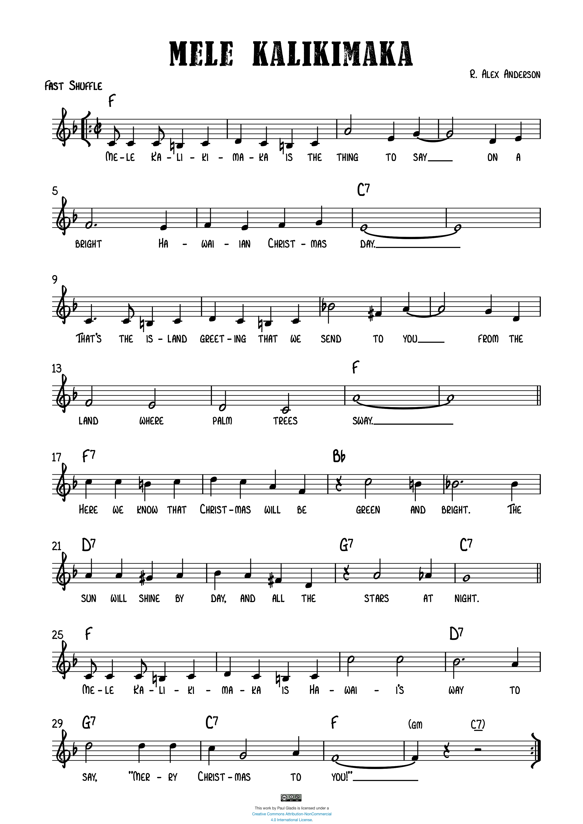 Mele Kalikimaka By R. Alex Anderson Free Sheet Music