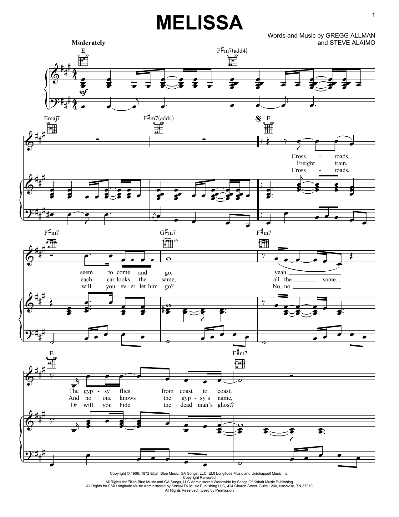 Melissa By The Allman Brothers Band Free Sheet Music