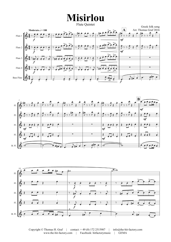 Misirlou - Pulp Fiction - Flute Quintet - C By Trad Free Sheet Music