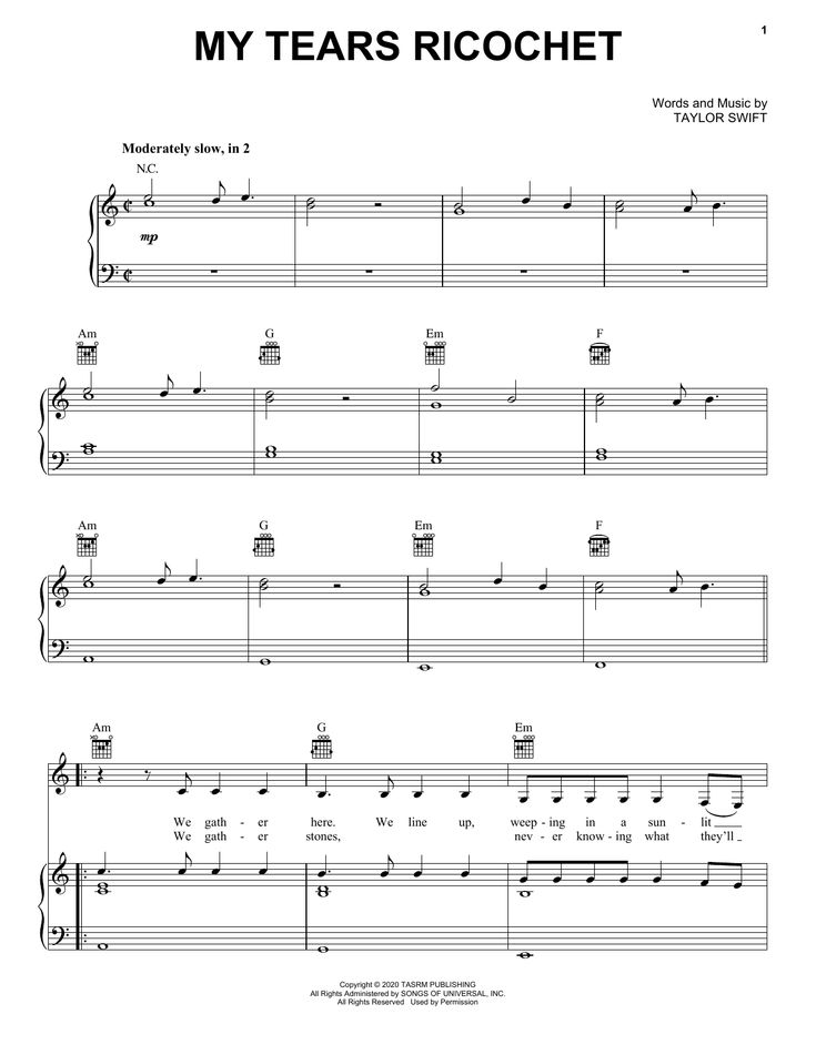 My Tears Ricochet By Taylor Swift Free Sheet Music