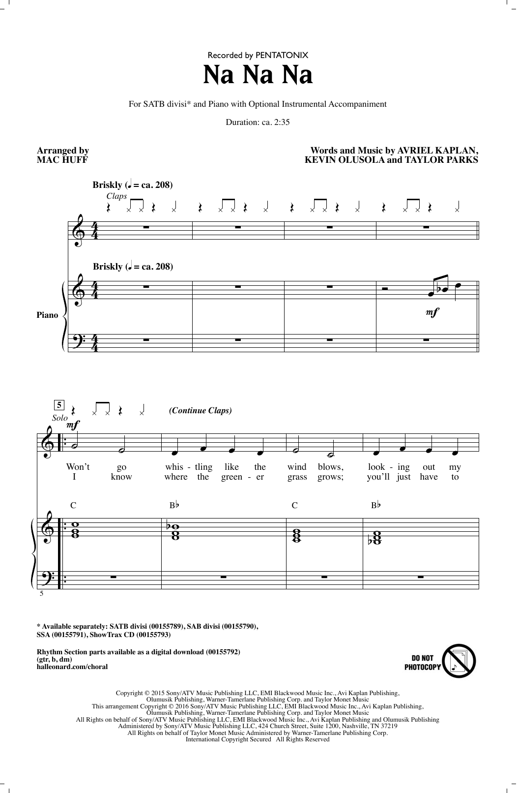 Na Na Na (arr. Mac Huff) By Mac Huff Free Sheet Music