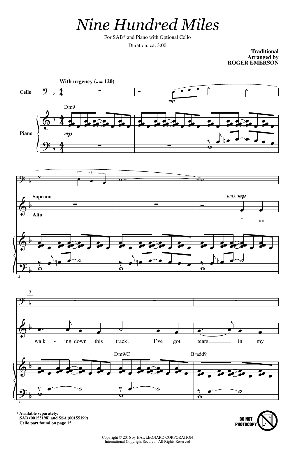 Nine Hundred Miles By Roger Emerson Free Sheet Music