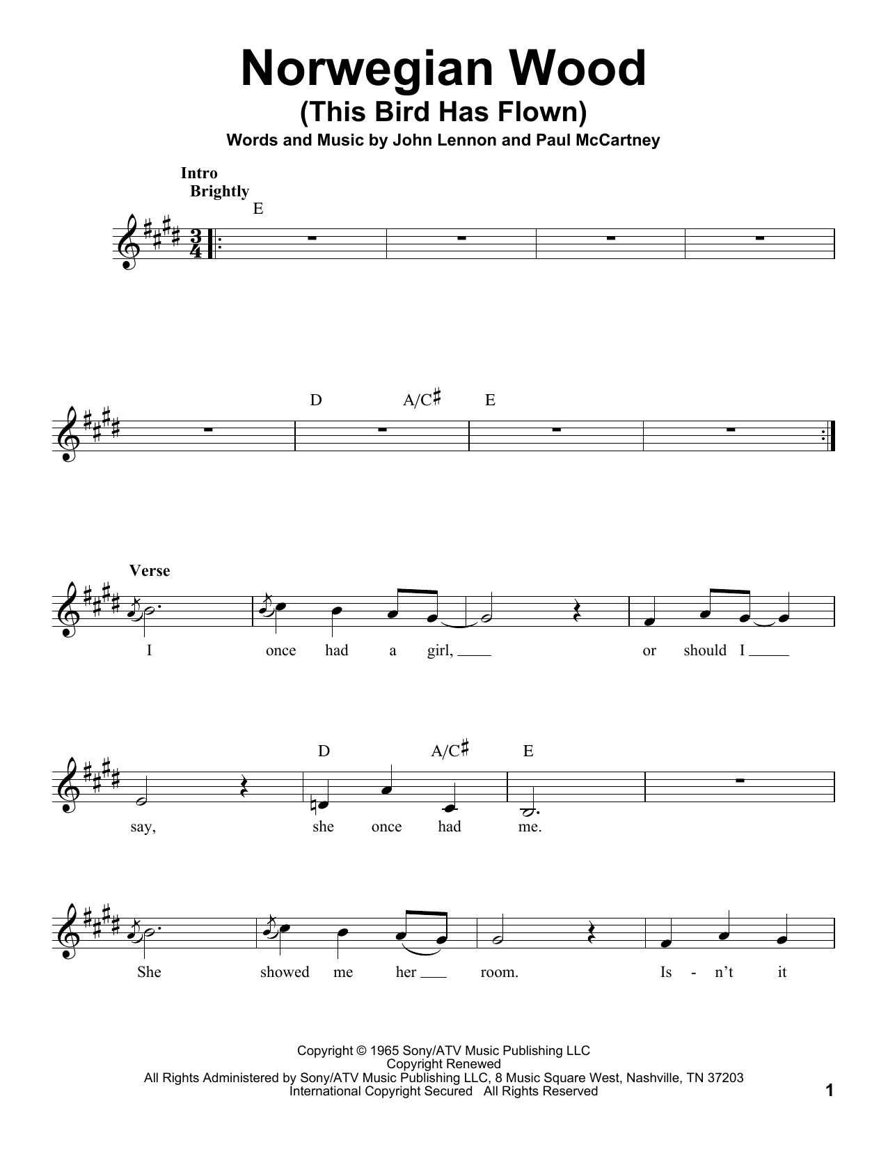 Norwegian Wood (this Bird Has Flown) By The Beatles Free Sheet Music