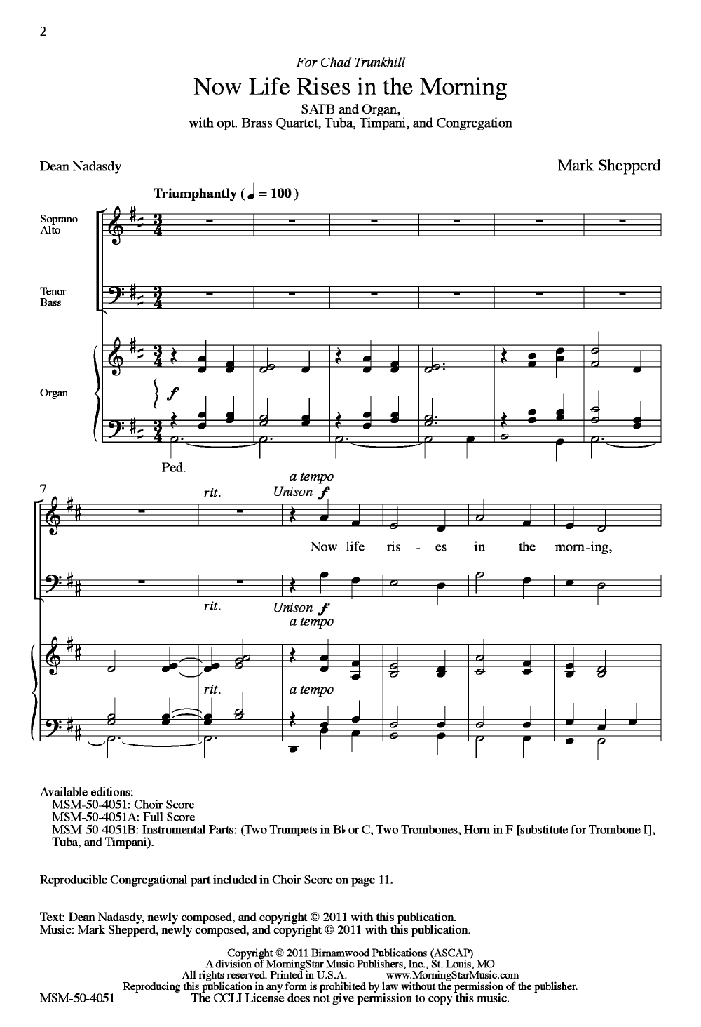 Now Life Rises In The Morning (Instrumental Parts) By Mark Shepperd Free Sheet Music