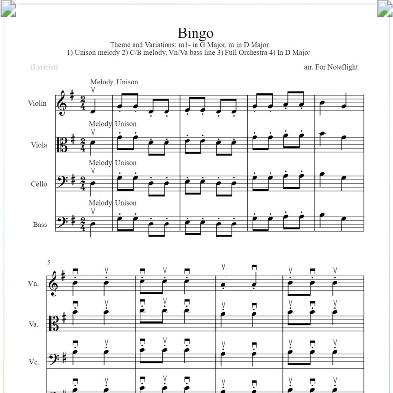 Orchestra Bingo By N Free Sheet Music