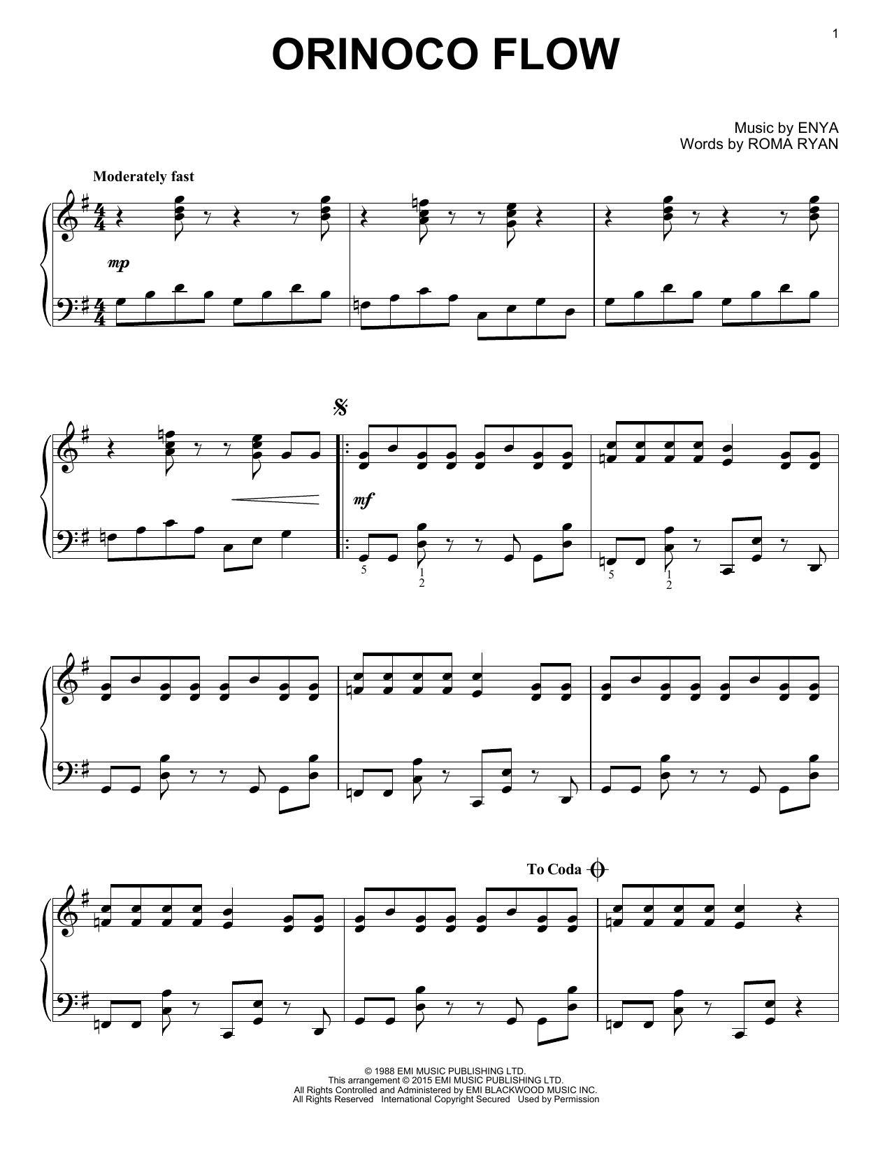 Orinoco Flow By Enya Free Sheet Music